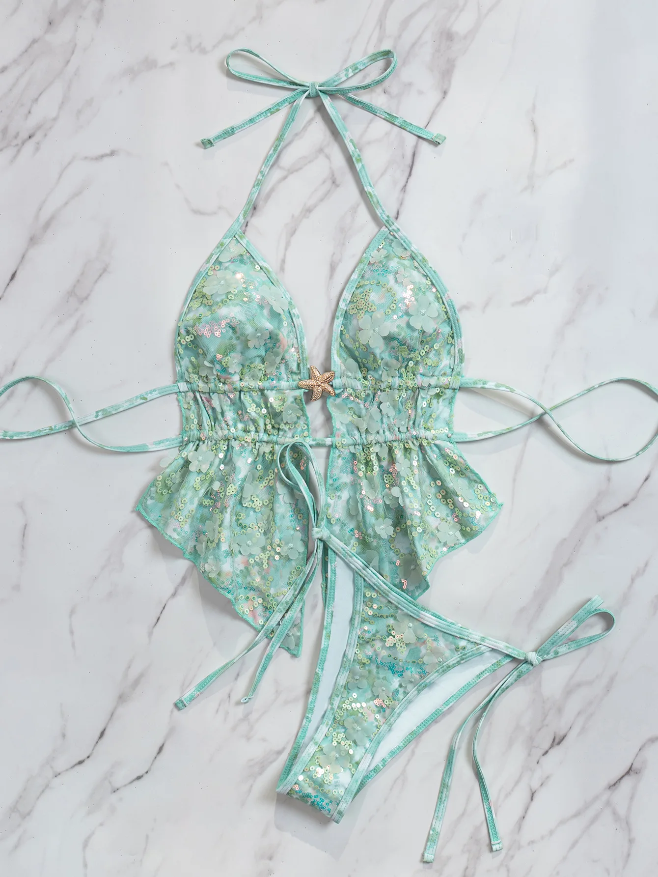 Sexy Sequin Pink Bikinis Sets Women V Neck Metal Flower Top Tie Side Thong Swimsuit 2026 Beach Bathing Suit Holiday Swimwear