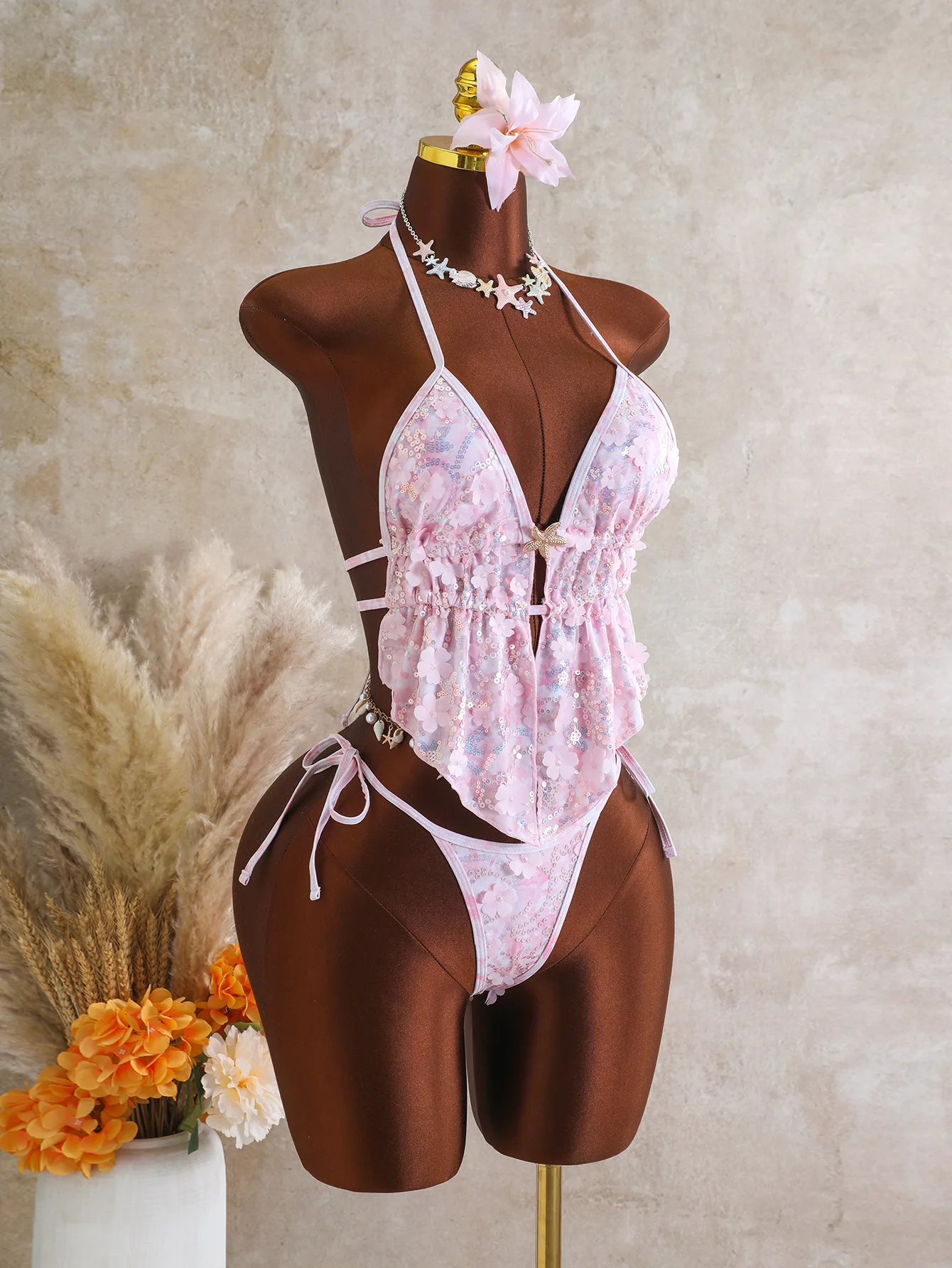 Sexy Sequin Pink Bikinis Sets Women V Neck Metal Flower Top Tie Side Thong Swimsuit 2026 Beach Bathing Suit Holiday Swimwear