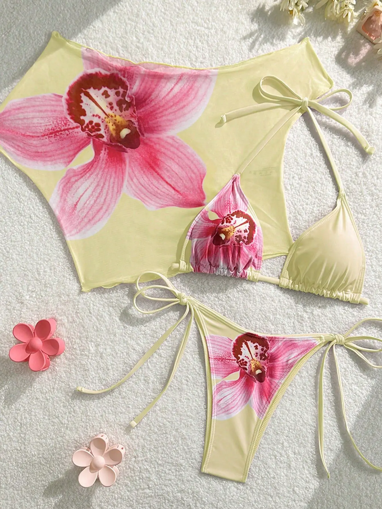 Sexy Pink Floral Print Short Sleeve Cover Up 3 Piece Bikini Set 2026 Women Push Up Thong Swimsuit Holiday Bathing Suit Swimwear