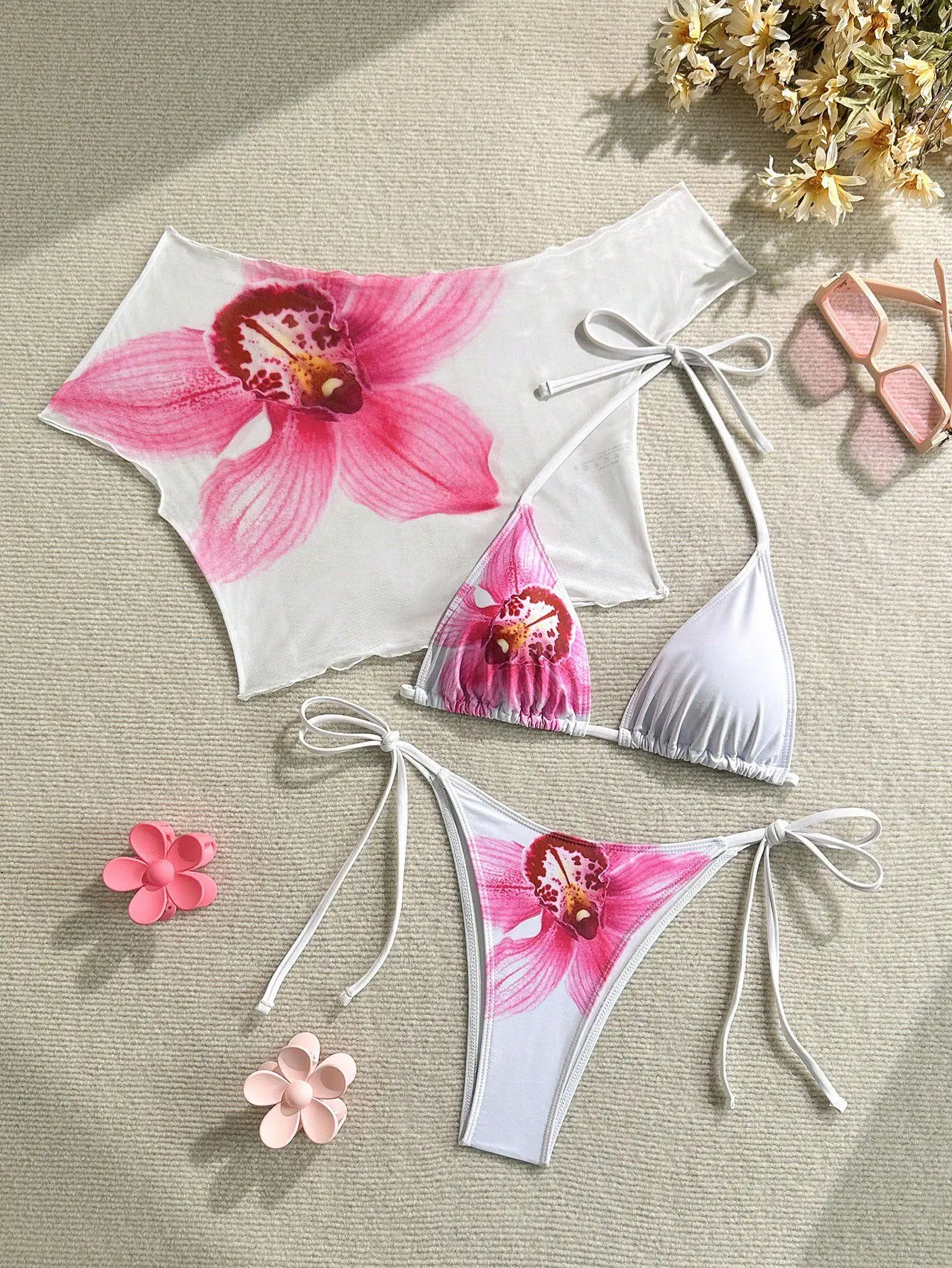 Sexy Pink Floral Print Short Sleeve Cover Up 3 Piece Bikini Set 2026 Women Push Up Thong Swimsuit Holiday Bathing Suit Swimwear