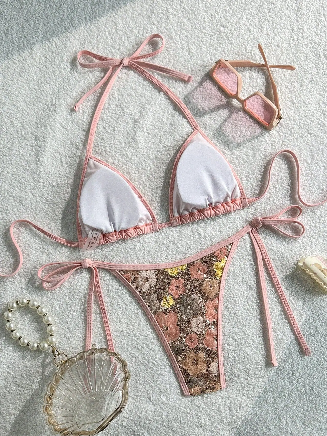 Sexy Pink Floral Sequin Bikini Set Women Halter Push Up Bra Tie Side Thong Swimsuit 2026 Bathing Suit Holiday Micro Swimwear Sexy Pink Floral Sequin Bikini Set Women Halter Push Up Bra Tie Side Thong Swimsuit 2026 Bathing Suit Holiday Micro Swimwear